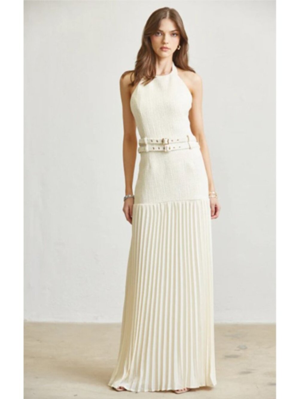 Cream Luxe Halter Pleated Maxi Dress with Double Belt Detail